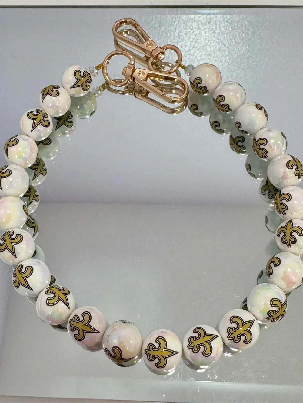 New White Bead Bag Chain 18 inches with Gold Fleur-de-Lis Accents